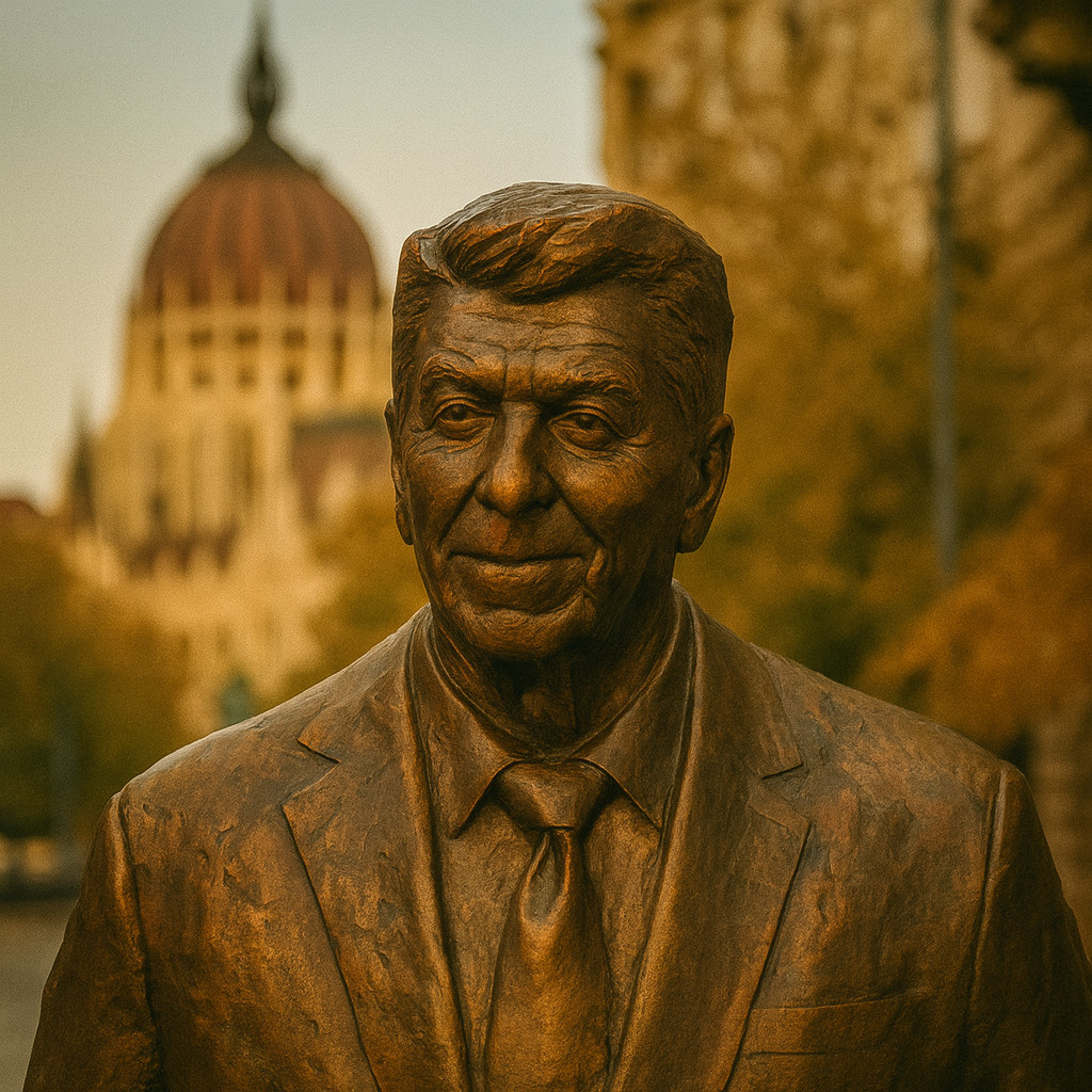 Estatua de Ronald Reagan caminando hacia la Plaza de la Libertad